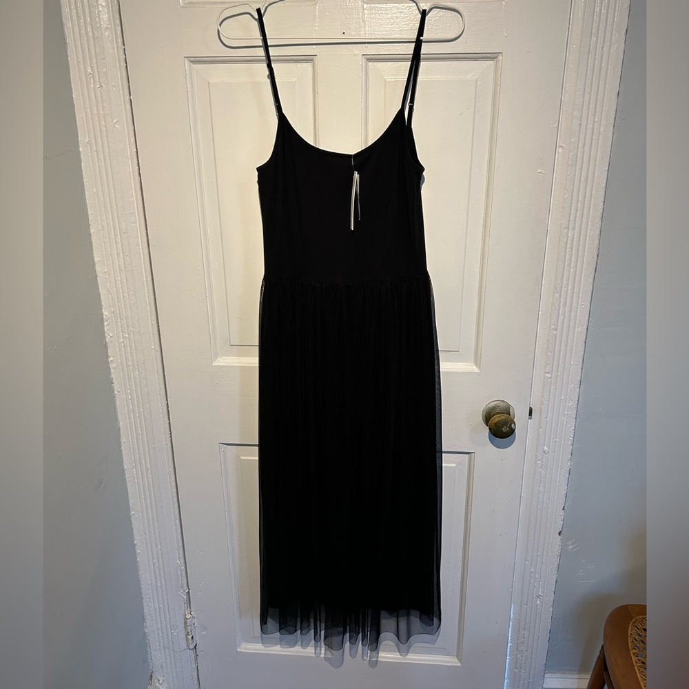 Bloomingdale's Black Sheath Midi Dress Spaghetti Strap